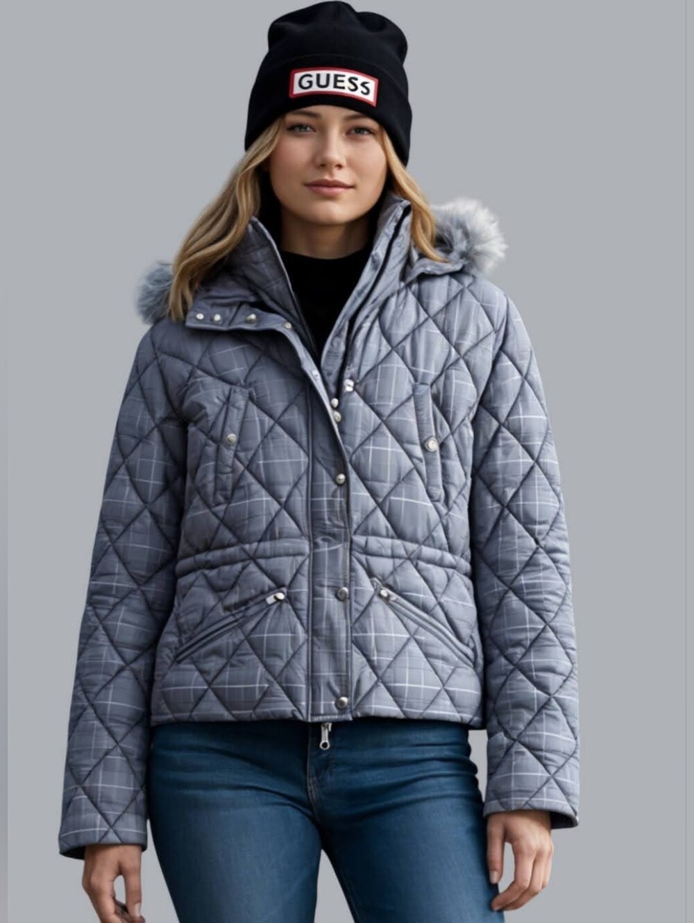 Guess Black and Gray Plaid Quilted Jacket With Faux Fur Hood